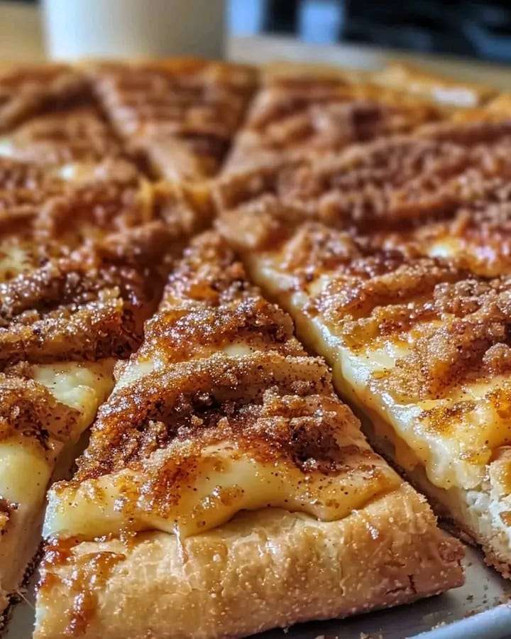 Golden crescent roll slices topped with cinnamon-sugar crumbs and drizzled with creamy vanilla glaze.