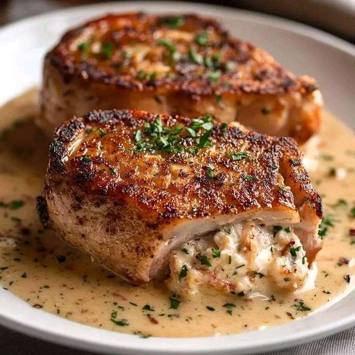 Golden crab-stuffed pork chops drizzled with creamy garlic sauce, garnished with parsley, served on a white plate.