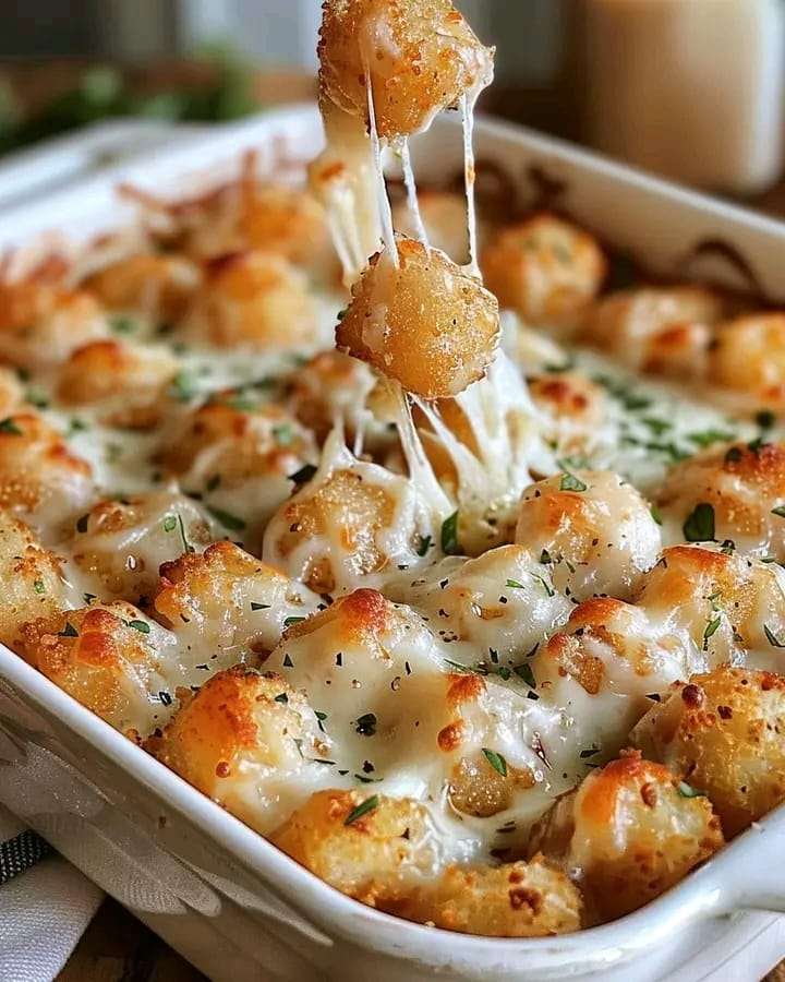 A golden, bubbly tater tot casserole with a creamy garlic Parmesan sauce, served in a baking dish.