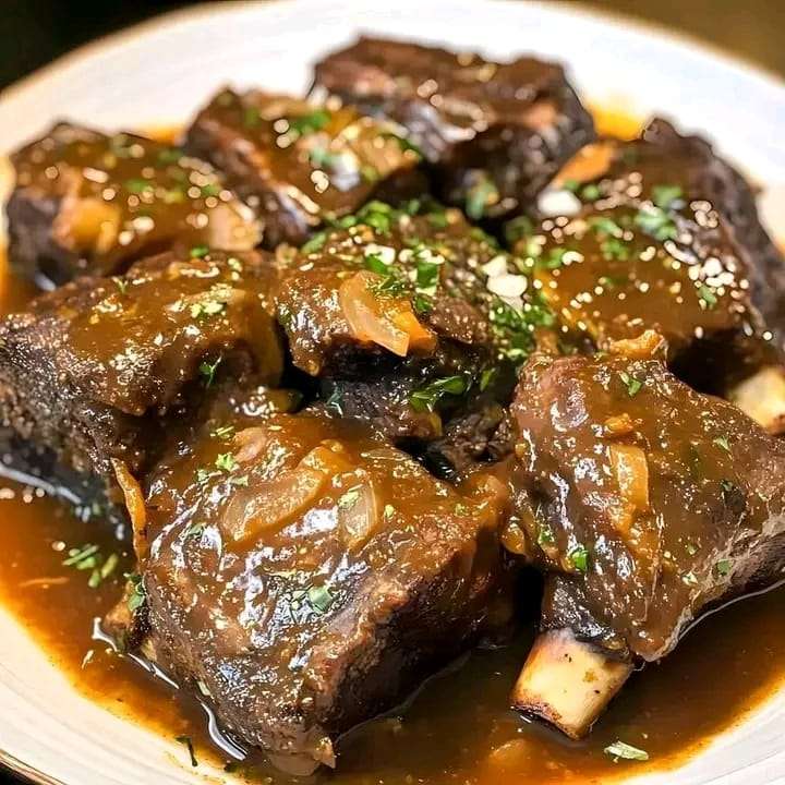 A plate of cola-braised short ribs with a rich sauce, garnished with fresh herbs, served alongside mashed potatoes.