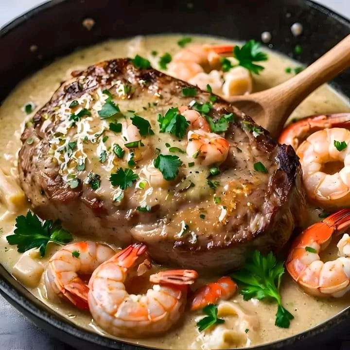 A perfectly seared ribeye steak topped with a creamy shrimp and lobster sauce, garnished with fresh parsley.