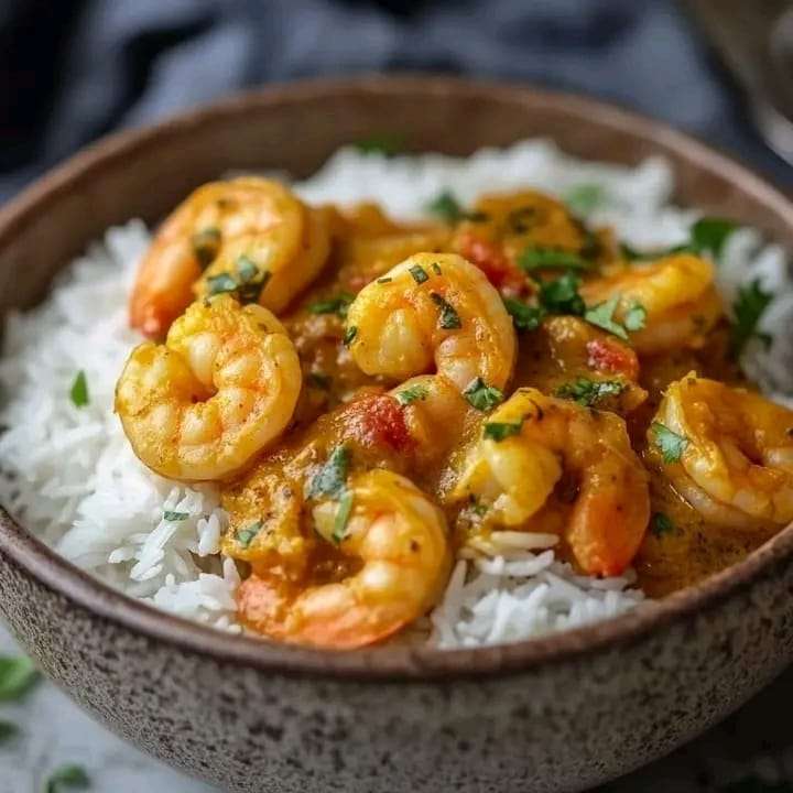 A vibrant bowl of coconut shrimp curry served over basmati rice, garnished with fresh cilantro and lime wedges.