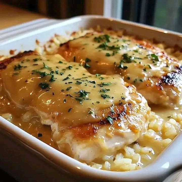 A baking dish filled with tender chicken and creamy rice, garnished with parsley for a comforting dinner.