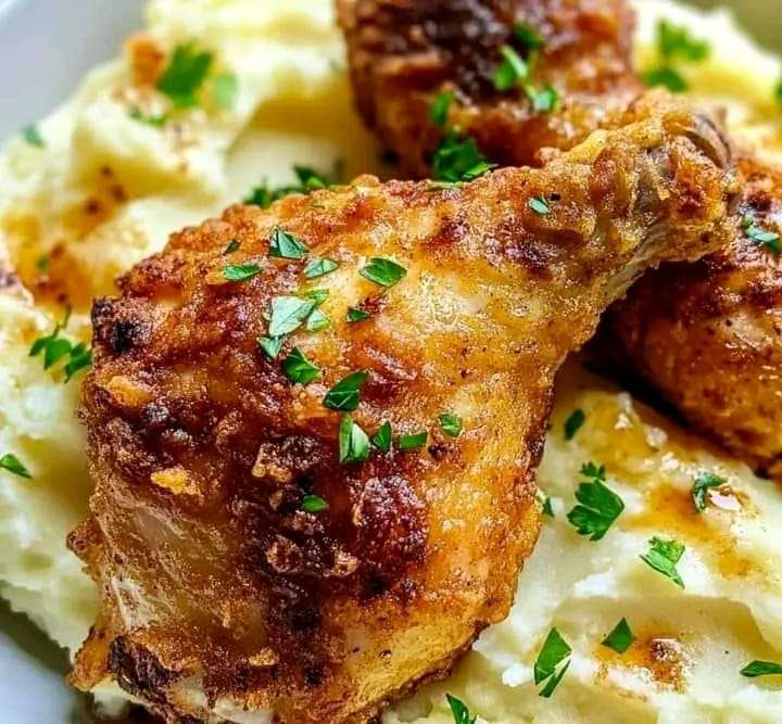 Crispy golden fried chicken legs served on a bed of creamy mashed potatoes, garnished with parsley.