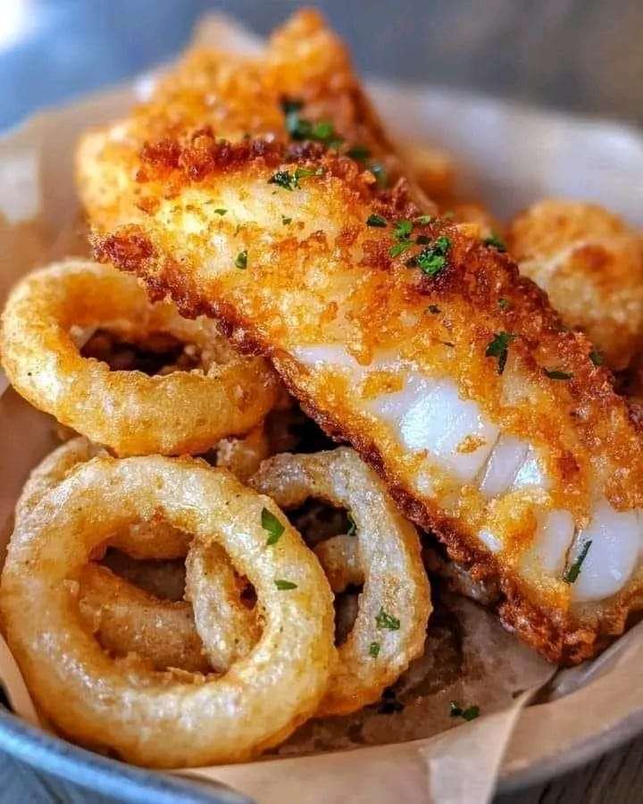 Golden battered cod fillets and onion rings served in a basket with lemon wedges, tartar sauce, and fries.