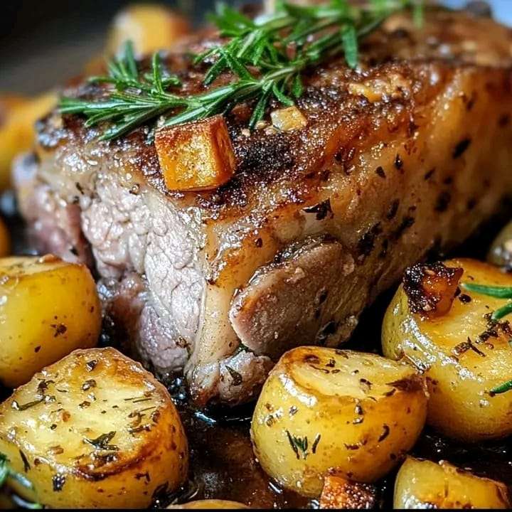 A golden-brown pork roast served with roasted yellow potatoes and garnished with fresh parsley.