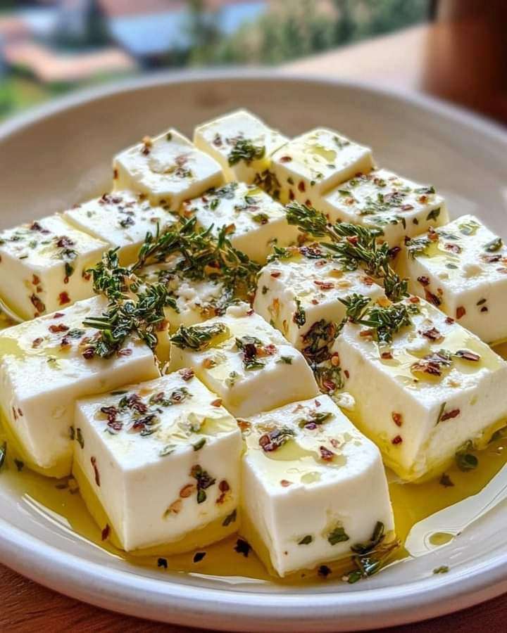 Cubed marinated feta in a shallow dish with herbs, olive oil, and chili flakes.