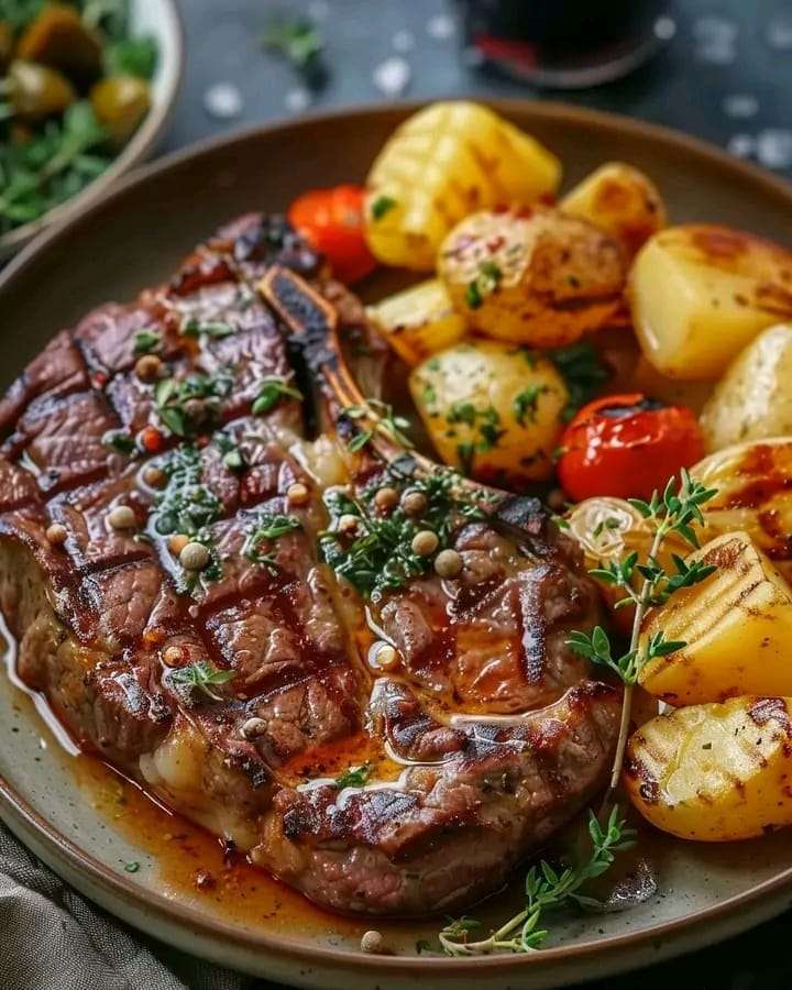 Ribeye steak served with golden cheesy potatoes on a plate.