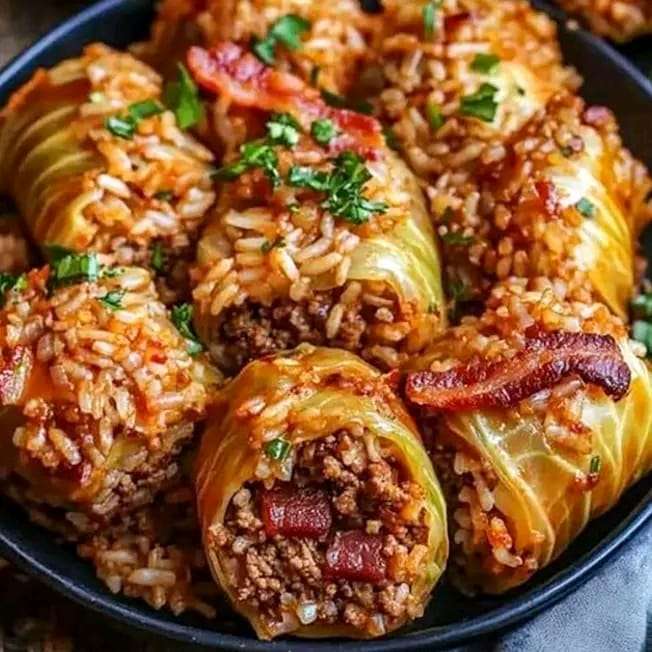 Cabbage rolls stuffed with ground beef and rice, topped with crispy bacon, served in a tomato sauce.