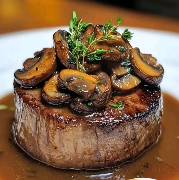 A perfectly cooked filet mignon topped with rich portobello mushroom sauce, garnished with thyme, served with mashed potatoes and roasted vegetables.