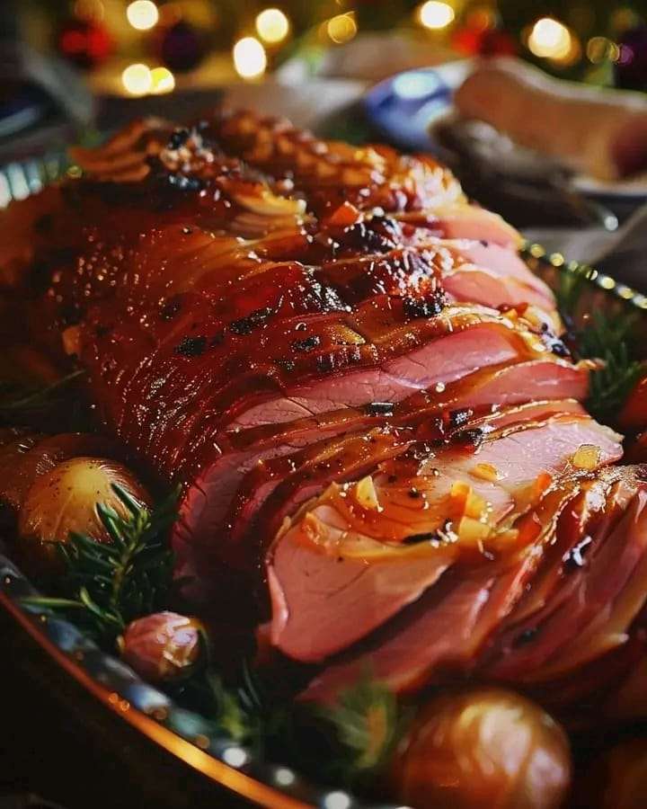 Golden-brown Christmas ham glazed with honey and spices, garnished with cloves and served with seasonal sides.