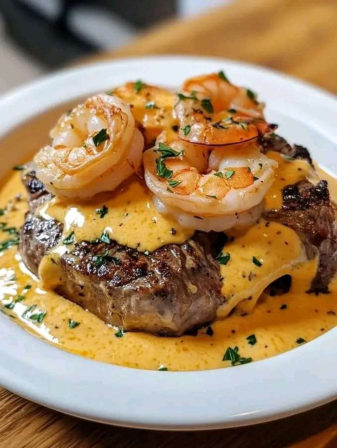 Creamy cheddar steak and shrimp plated with parsley garnish and served alongside mashed potatoes.