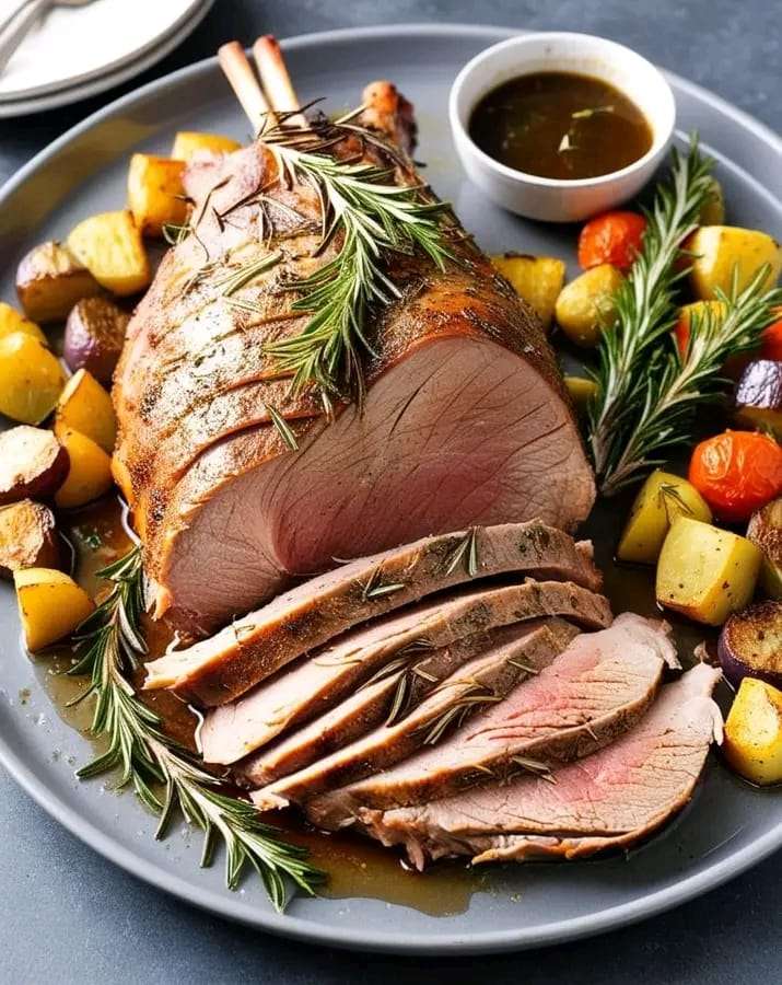 Sliced slow-roasted boneless leg of lamb, garnished with rosemary, served with roasted vegetables.