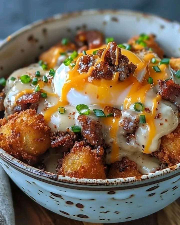 A loaded tater tot bowl topped with crispy bacon, cheddar cheese, sausage, gravy, and a perfectly poached egg, garnished with green onions.