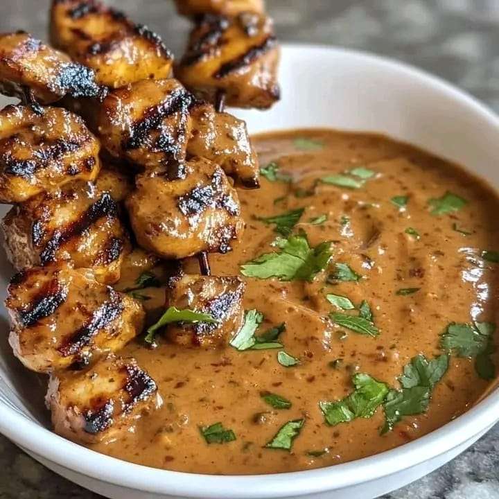 A creamy bowl of homemade satay sauce garnished with chopped peanuts and fresh cilantro, surrounded by dipping skewers and lime wedges.