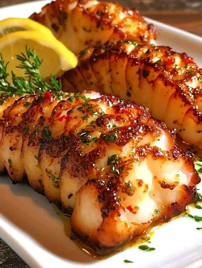 Beautifully baked lobster tails drizzled with garlic butter sauce, garnished with parsley and served with lemon wedges.