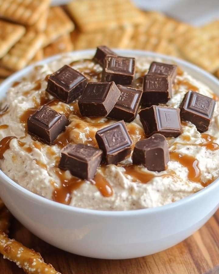 A bowl of Twix Dip surrounded by graham crackers, pretzels, and sliced apples for dipping.