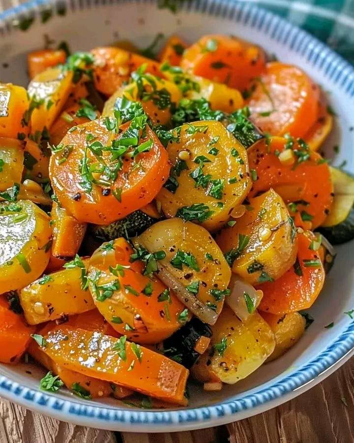 A plate of garlic-roasted potatoes, carrots, and zucchini, garnished with fresh herbs.