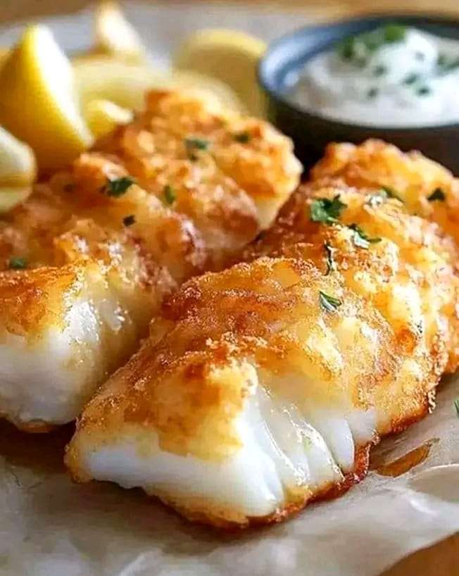 Crispy batter-dipped fried fish served with tartar sauce, lemon wedges, and a side of fries.