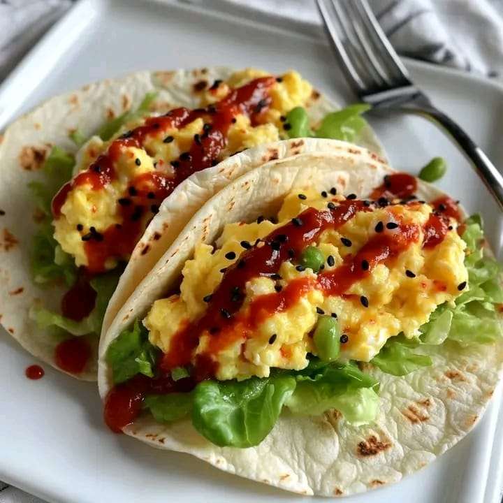 A golden-brown avocado and egg wrap sliced in half, revealing layers of scrambled eggs, spinach, cherry tomatoes, and mashed avocado.