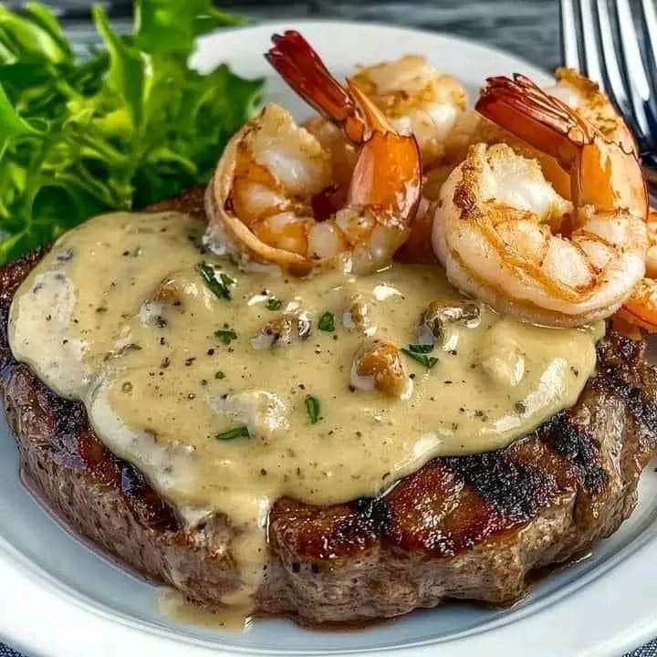 Juicy ribeye steak topped with shrimp and creamy garlic sauce, garnished with fresh parsley, served alongside greens and mashed potatoes.