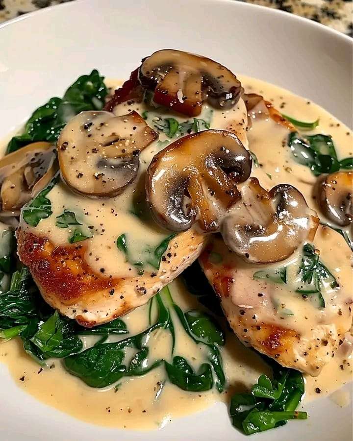 Juicy chicken breasts smothered in creamy garlic sauce with mushrooms and spinach, served with parsley garnish.