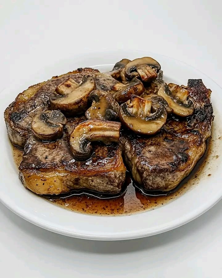 Garlic butter-seared ribeye steaks topped with mushroom gravy, garnished with parsley and served with mashed potatoes.