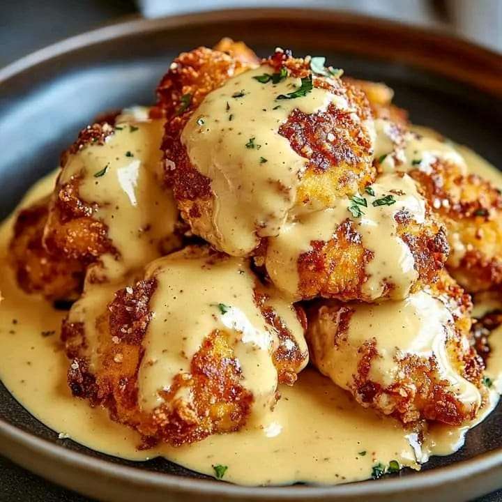 Crispy chicken thighs with creamy Dijon sauce drizzled on top, garnished with parsley.