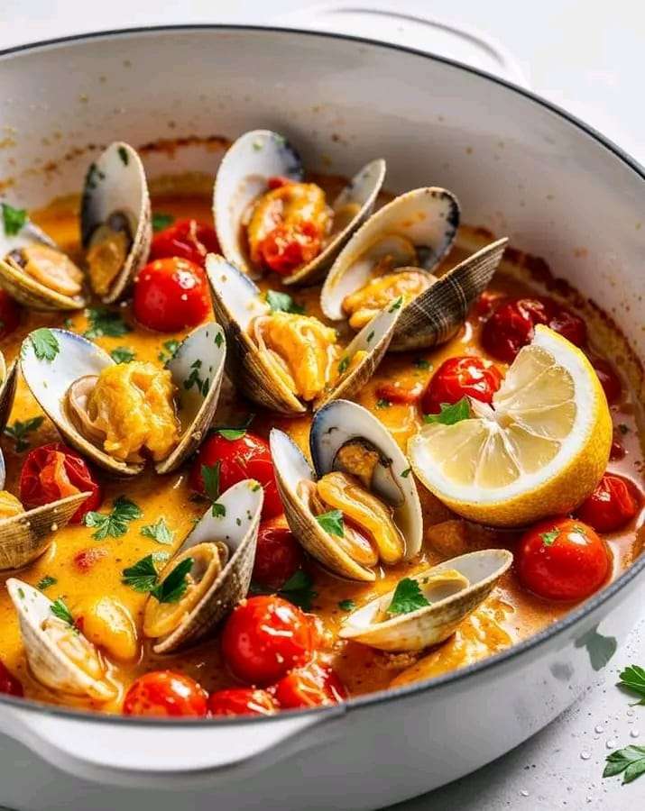 A skillet filled with buttery clams garnished with fresh parsley, served with lemon wedges and crusty bread.