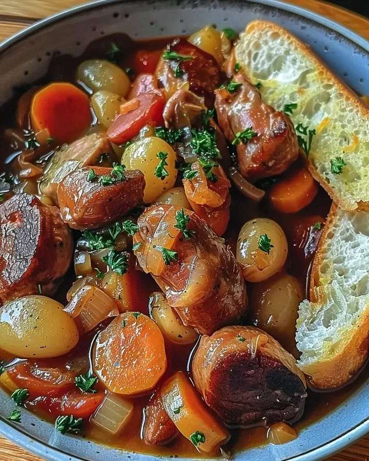 A steaming bowl ofSausage and Vegetable Stew, featuring smoky sausages, cabbage, carrots, and potatoes in a savory broth.