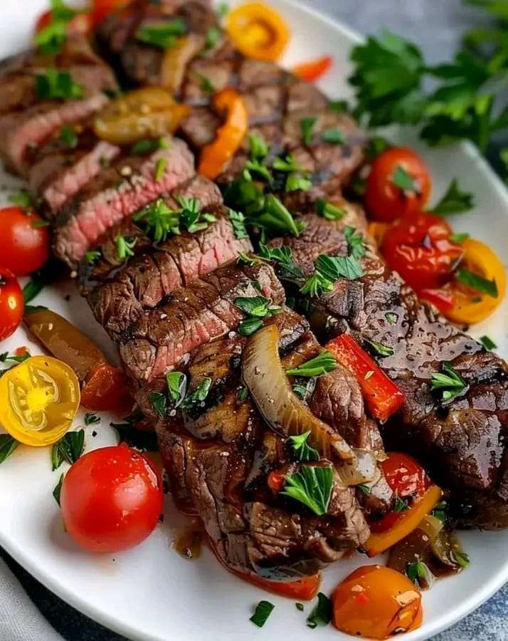 A plate of Seaside Steak Supreme with ribeye steaks, sautéed vegetables, and a rich sauce, garnished with fresh herbs.