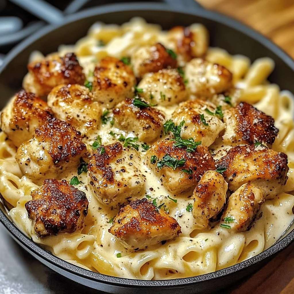 A plate of creamy Parmesan pasta topped with golden garlic butter chicken bites and fresh basil.