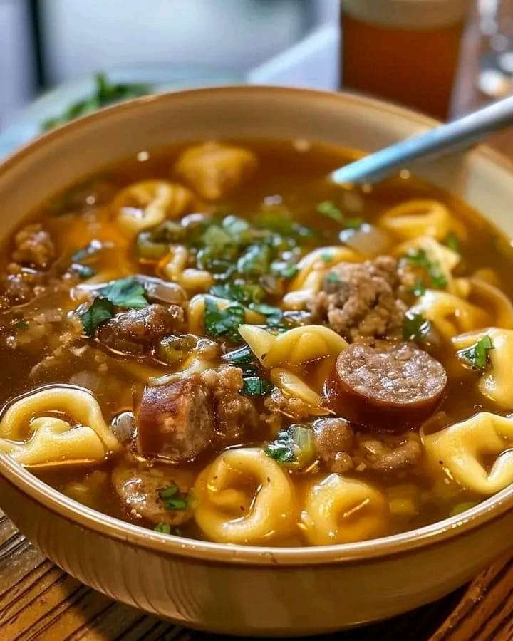 A bowl of hearty sausage and tortellini soup with spinach and Parmesan garnish, served with crusty bread.