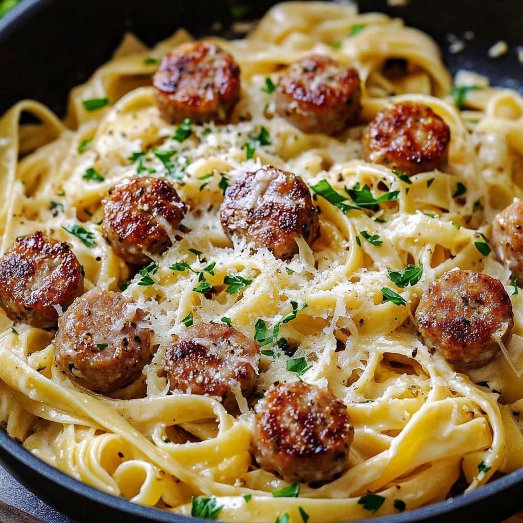 A plate of Garlic Butter Sausage Bites with Creamy Parmesan Pasta garnished with fresh parsley, featuring golden-brown sausage and rich, creamy sauce coating al dente pasta.