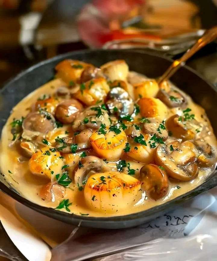 A luxurious scallop and shrimp casserole with mushrooms, creamy sauce, and fresh parsley served in individual ramekins.