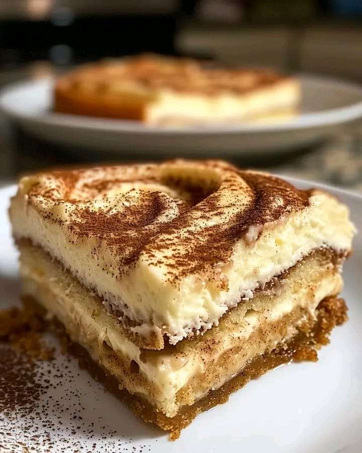 A slice of ooey gooey cinnamon cream cheese cake with a golden crust and creamy center, dusted with powdered sugar.