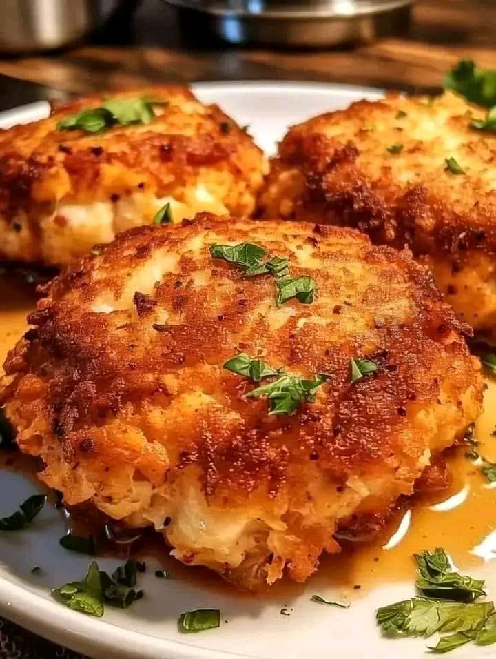 A plate of golden brown Baltimore crab cakes garnished with fresh parsley and served with lemon wedges.