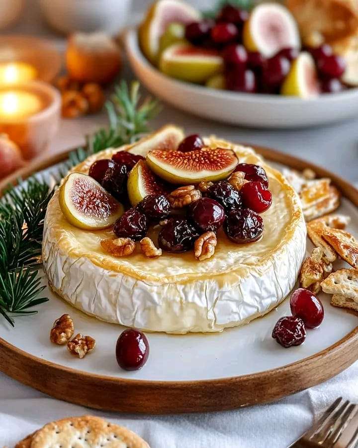 Gooey Brie topped with roasted figs, grapes, pears, and cranberries, garnished with nuts, served with crackers.