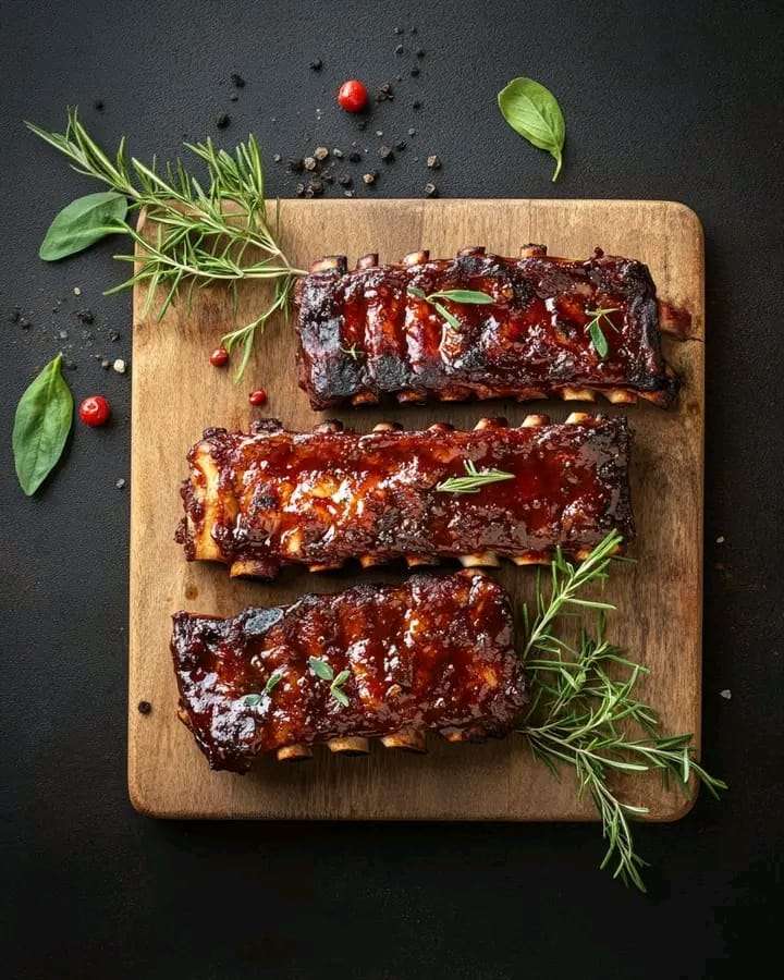 Juicy baby back ribs coated with a caramelized BBQ glaze, served with coleslaw and cornbread.