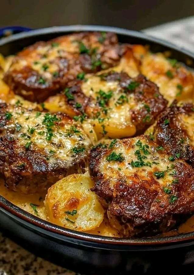 Garlic Parmesan beef chops served over cheesy scalloped potatoes, garnished with fresh herbs.