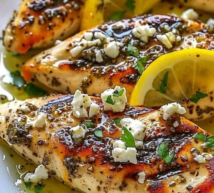 A plate of golden Greek chicken garnished with crumbled feta, fresh parsley, and lemon wedges, served with a side of greens.