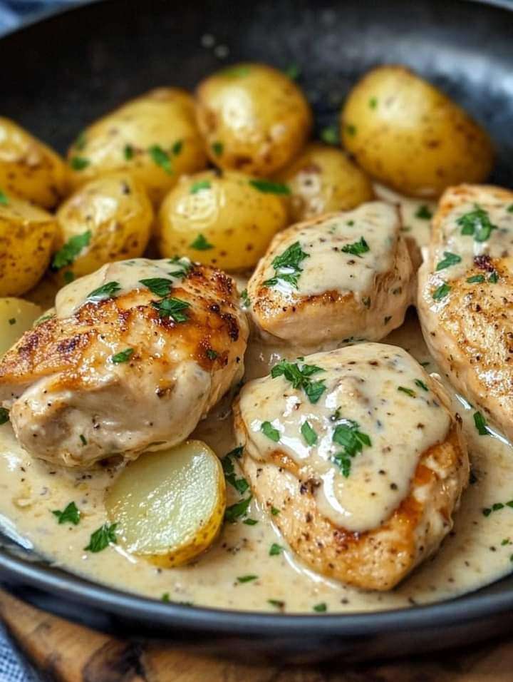 A skillet filled with golden chicken, tender baby potatoes, and creamy Parmesan sauce, garnished with fresh parsley.