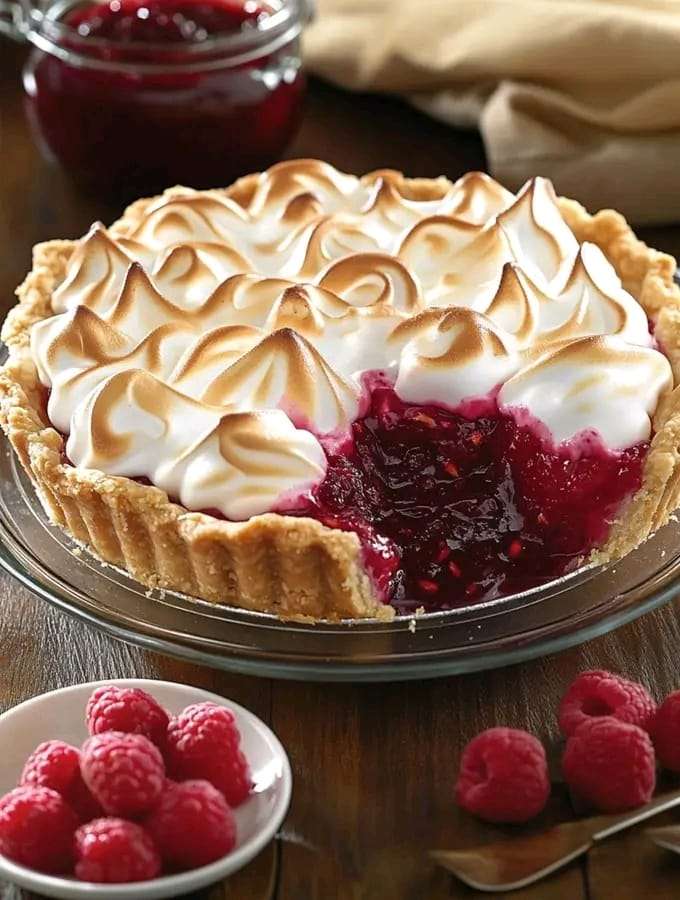 A slice of Raspberry Custard Pie with fresh raspberries and a flaky golden crust served on a dessert plate.