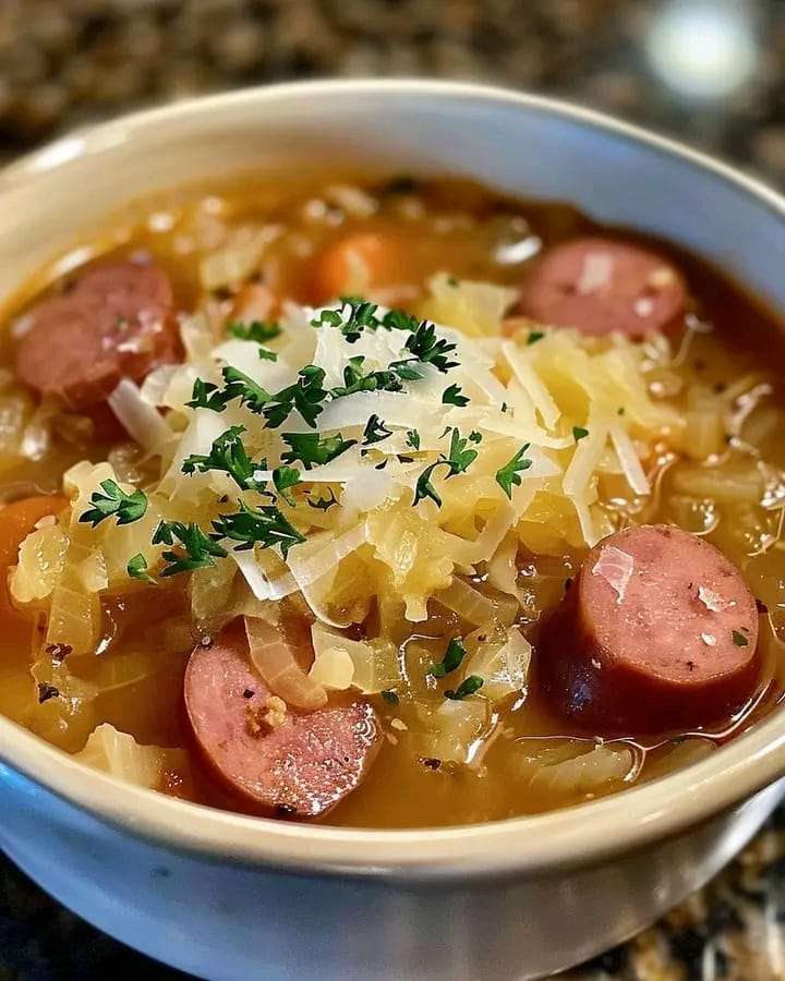 A bowl of kielbasa and cabbage soup filled with sausage, vegetables, and a rich broth, garnished with fresh parsley.