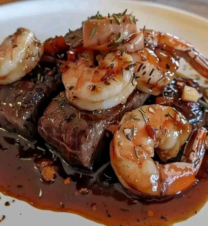 A decadent plate of filet mignon and shrimp coated in a creamy garlic sauce, garnished with parsley, served on a white dish.