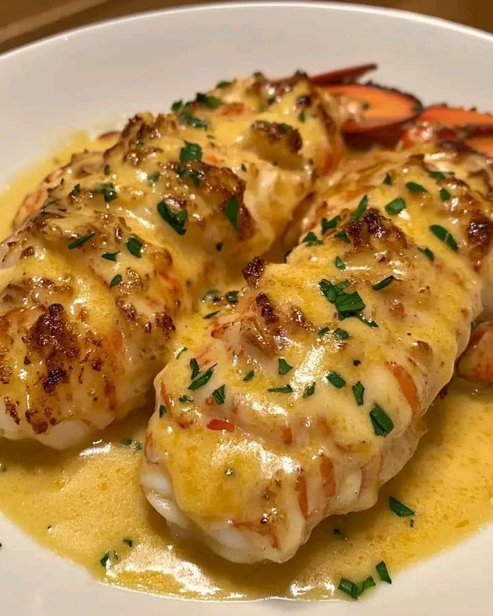 Broiled lobster tails topped with garlic butter sauce and garnished with fresh parsley.