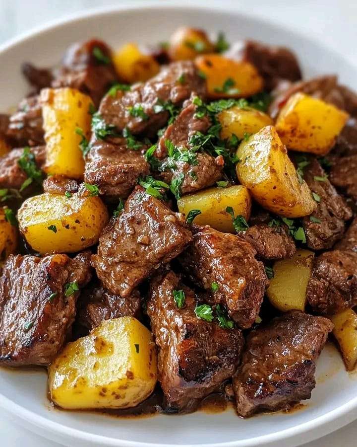 A skillet filled with golden potatoes, juicy steak bites, and rich garlic butter sauce, garnished with parsley.