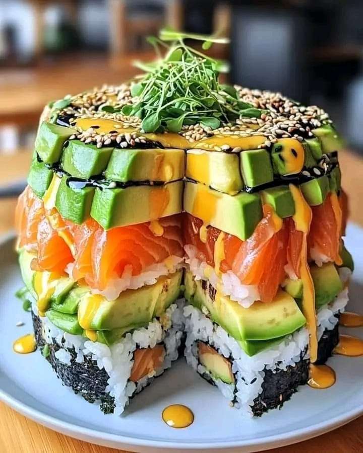 A beautifully layered avocado sushi cake topped with sesame seeds, nori, and spicy mayo, served with soy sauce.