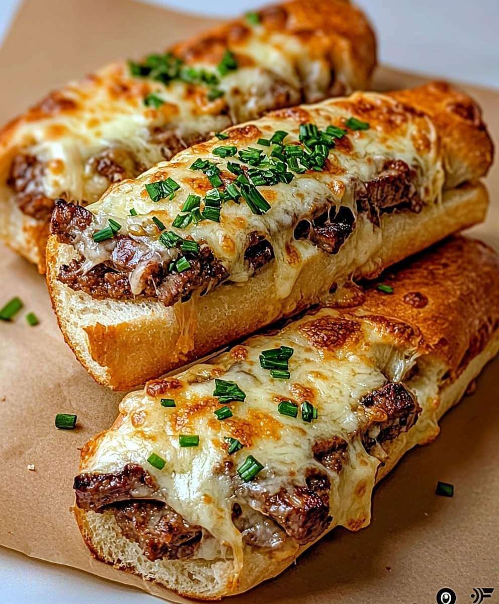 Philly Cheesesteak Stuffed Cheesy Breadsticks arranged on a baking sheet, golden brown with melty cheese and a garlic-Parmesan topping, served alongside marinara and queso dipping sauces.