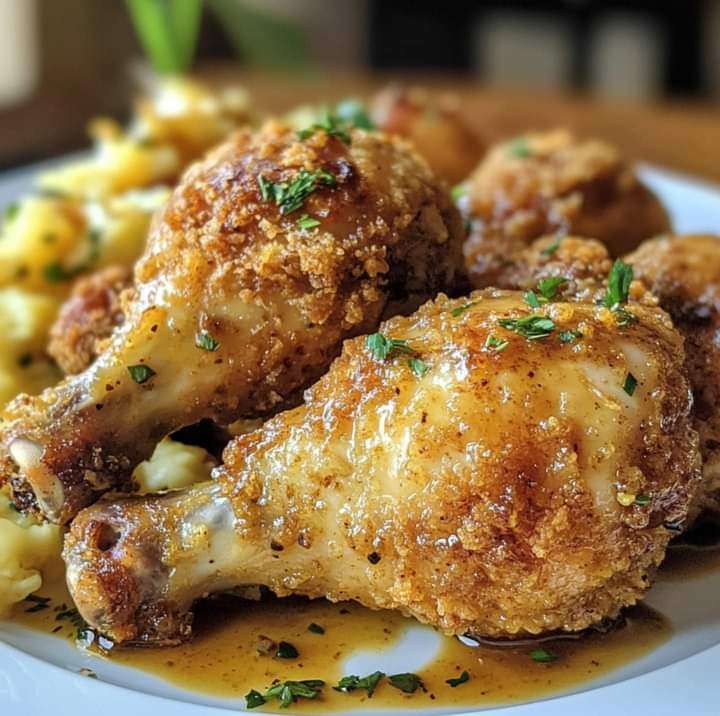 Golden oven-fried chicken pieces drizzled with honey mustard glaze, garnished with fresh herbs, served with a side of roasted vegetables.